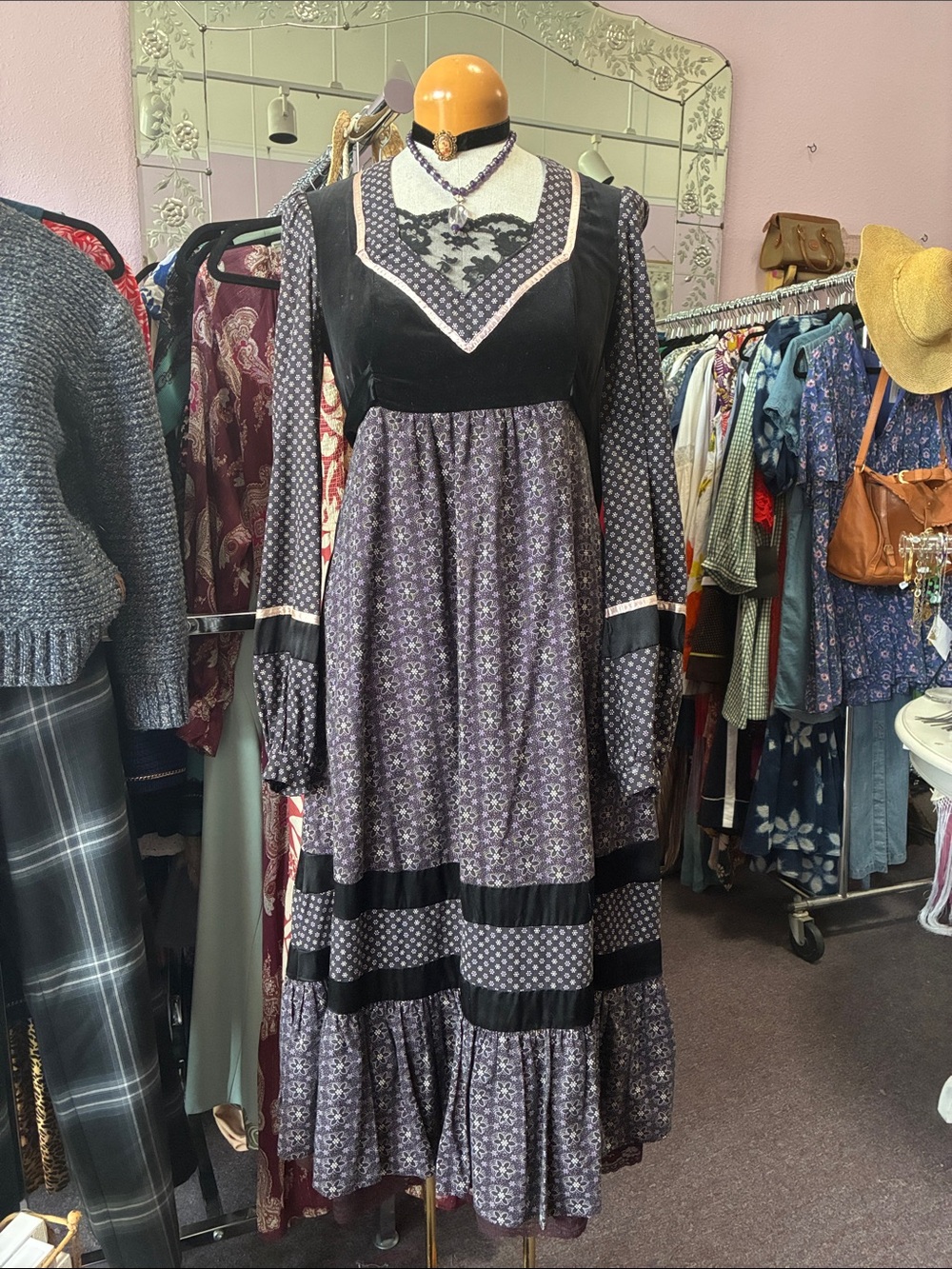 Gunne Sax Purple Floral Velvet-Trim Victorian Dress small